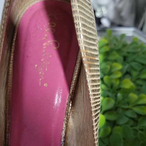 Lilly Pulitzer Gold Wedge Peep Toe Women's Shoes Sz 7.5 MSRP $ 148 - Picture 3 of 9